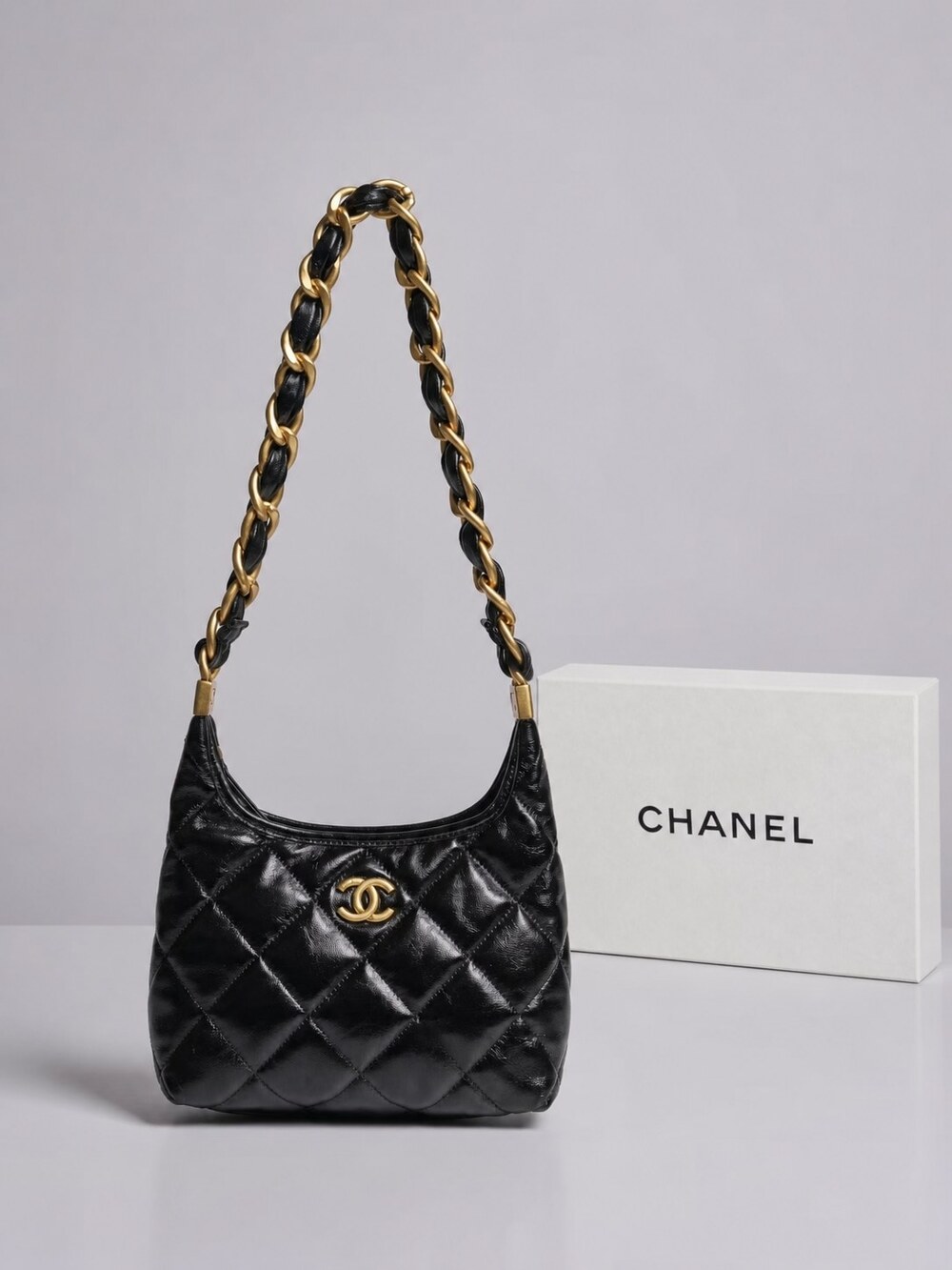 Chanel Black Calfskin Hobo Shoulder Bag | Shiny Quilted Finish